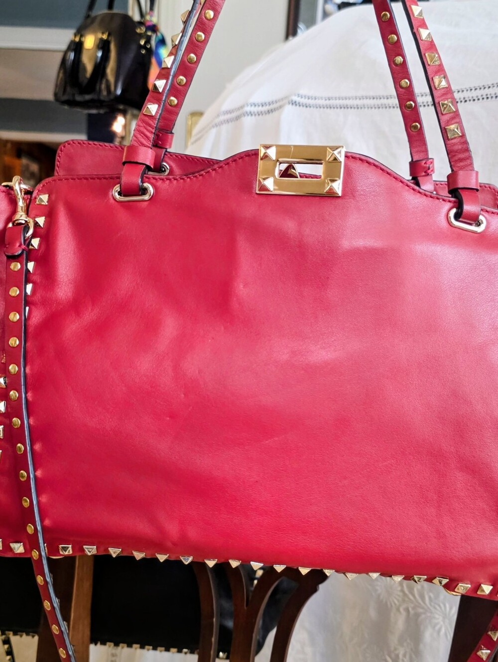 Valentino Garavani Rockstud Red Leather Bag Gold Stud Trim Handbag Tote - Picture 4 of 16